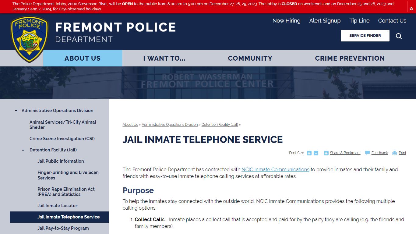 Jail Inmate Telephone Service | Fremont Police Department, CA